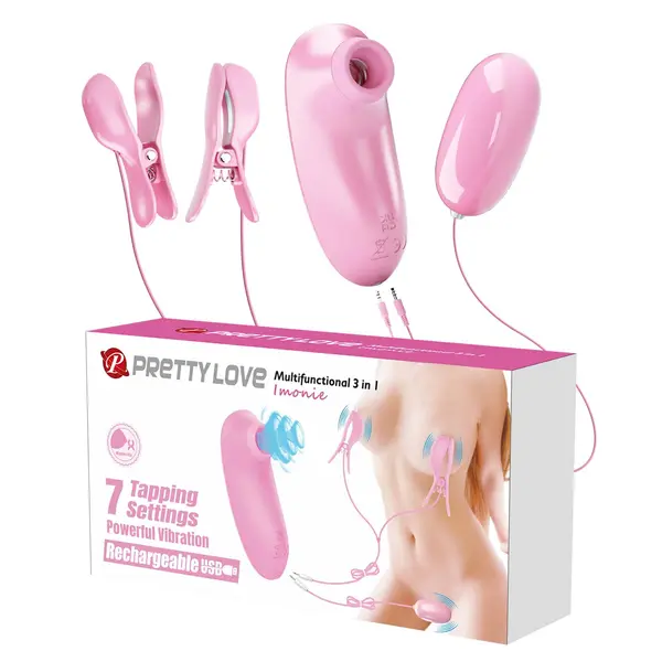 Set stimulare PRETTY LOVE – Imonie, 3 în 1 cu clești pentru sfârcuri, vibrator bullet și stimulator cu tapping, roz