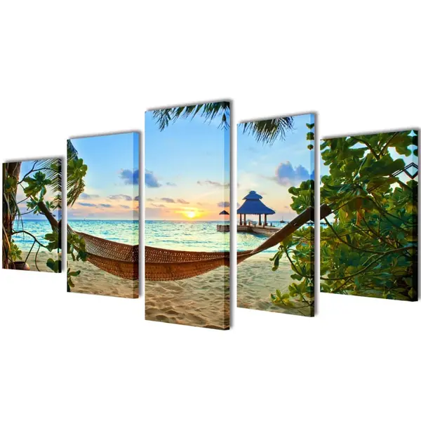 Set tablouri din panza cu imprimeu plaja cu nisip si hamac, 200x100 cm