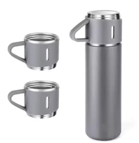 Set termos din inox cu 3 cesti 500ml sticla termoizolanta pentru bauturi fierbinti si reci GRI