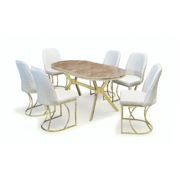 Set TIMARA, masa cu 6 scaune, ovala, 6 persoane, marmura belek + auriu + crem, 160x80 cm