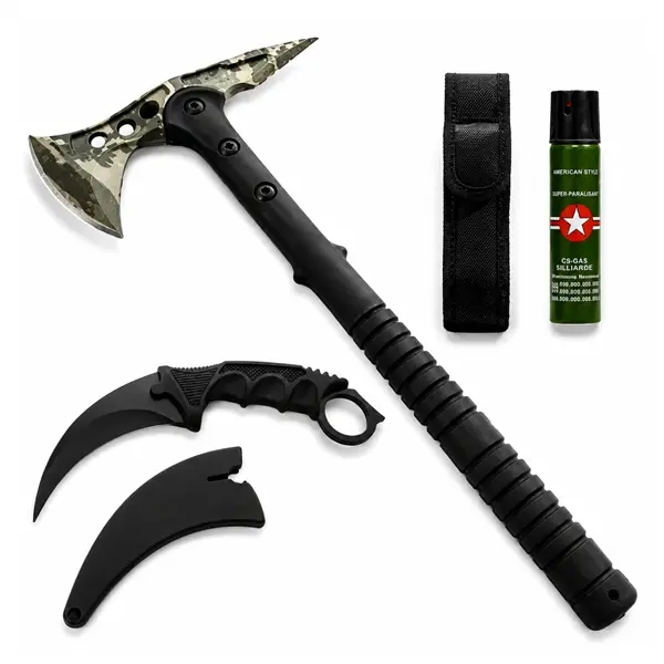 Set topor, cutit karambit si spray autoaparare DEPOX , otel inoxidabil, verde negru, 40 cm 19 cm 60 ml, teaca inclusa