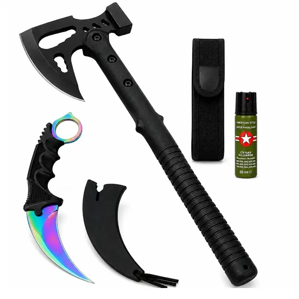Set topor multifuncțional, cuțit Karambit și spray autoaparare DEPOX , 42 cm 60 ml 19 cm, husa inclusa