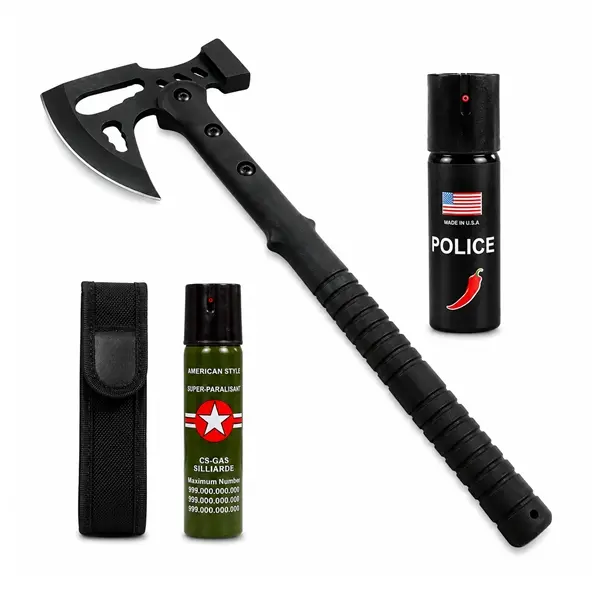 Set topor multifunctional, spray paralizant autoaparar si spray chili DEPOX , otel inoxidabil, negru, 42 cm 110 ml 60 ml, teaca inclusa