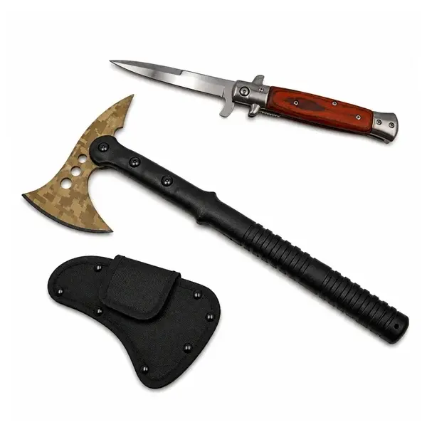 Set topor si briceag de vanatoare DEPOX , 39 cm 23 cm, maro negru, otel inoxidabil