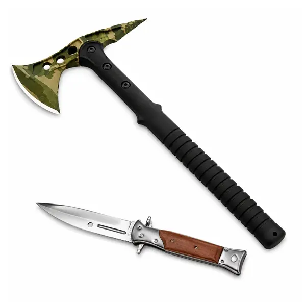 Set topor si briceag de vanatoare DEPOX , otel inoxidabil, verde, 40 cm 27 cm, teaca inclusa