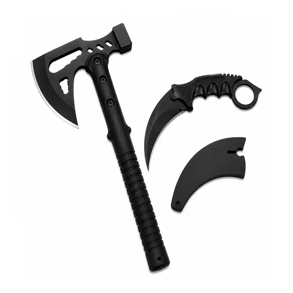 Set topor si cutit karambit de vanatoare DEPOX , otel inoxidabil, negru, 42 cm 18.5 cm, teaca inclusa