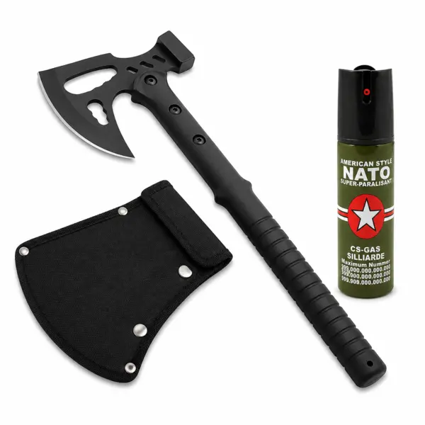 Set topor si spray autoaparare DEPOX , otel inoxidabil, negru, 42 cm 60 ml, teaca inclusa