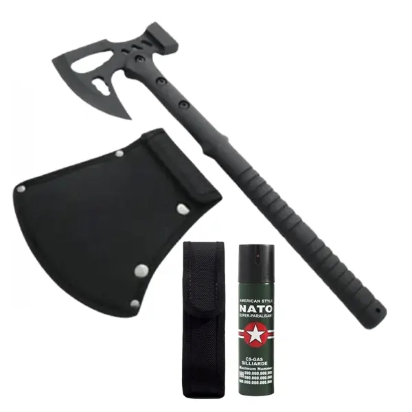Set topor si spray paralizant autoaparare DEPOX , otel inoxidabil, negru, 42 cm 120 ml, teaca inclusa