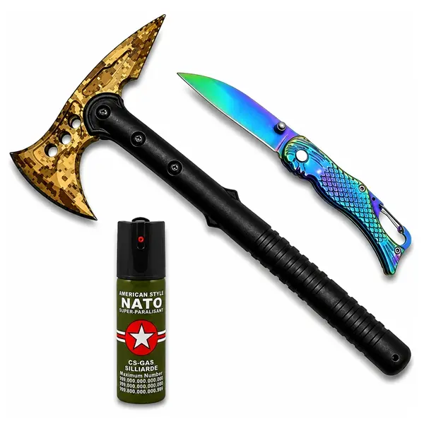 Set topor Survivor, cutit de buzunar sirena si spray paralizant DEPOX ,39 cm 15 cm 110 ml, husa inclusa