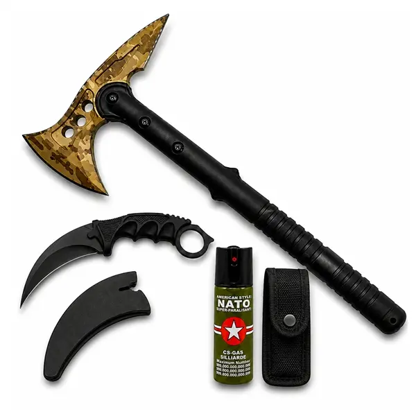 Set topor Survivor, spray paralizant si cutit karambit DEPOX , 39 cm 110 ml 18.5 cm, husa inclusa