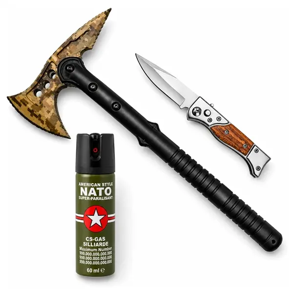 Set topor SurvivormBriceag Automat din Oțel 440C si Spray Autoapărare NATO 39 cm 110 ml 16 cm, husa inclusa