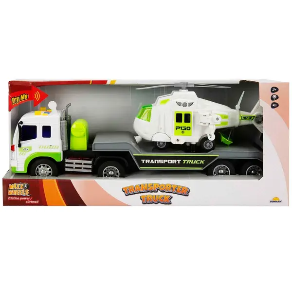 Set transportator cu elicopter, Maxx Wheels, Alb, 1:16