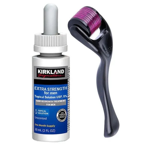 Set Tratament Cresterea Parului, Kirkland, Minoxidil 5%, Pipeta Inclusa, 1x Flacon 60ml, 1x Dermaroller 540 ace
