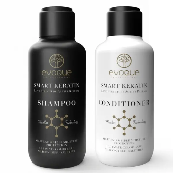 Set Travel Smart Keratin EVOQUE USA , sampon + Balsam 2 x 100 ml, Reparare E i Netezire pentru Par Degradat, Frizat sau Tratat Chimic