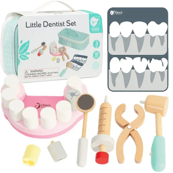 Set trusa dentist Classic World, din lemn cu geanta, multicolor, 18 piese KID055560, la doar 73,00 lei