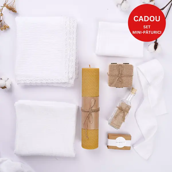 Set Trusou Botez fetiță/băiat, Muselină Albă cu dantelă TWINDECO Pure White Cotton Flower