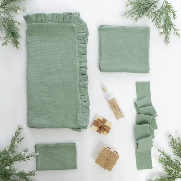 Set Trusou Botez Muselină Mint Dublată TWINDECO Dark Mint Cotton Flower