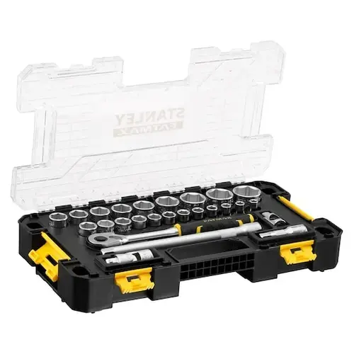 Set tubulare 26 piese STANLEY FATMAX FMMT98103-1, 1/2 inch, conectivitate PRO-STACK pentru solutii mobile, capac transparent pentru identificare rapida, clichet 120 dinti pentru precizie in spatii inguste