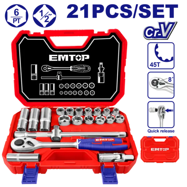 Set tubulare cu clichet 1 2 , 21 componente, cutie de transport - ESKT12211, EMTOP