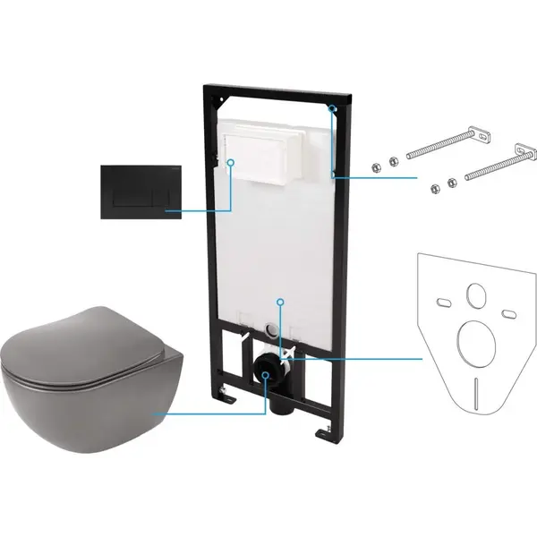 Set vas wc antracit cu capac soft close, rezervor incastrat, clapeta de actionare si izolare fonica Deante Poenia