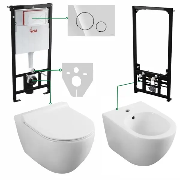 Set vas wc cu capac soft close si cu bideu, rezervor incastrat plus clapeta crom si izolare fonica, Minerva