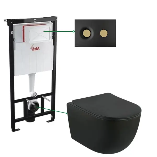 Set vas wc negru suspendat cu capac, rezervor si clapeta negru auriu mat Alcaplast M1978-7