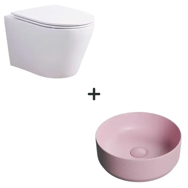 Set vas wc rimless cu capac soft close Clementina plus lavoar baie rotund roz mat
