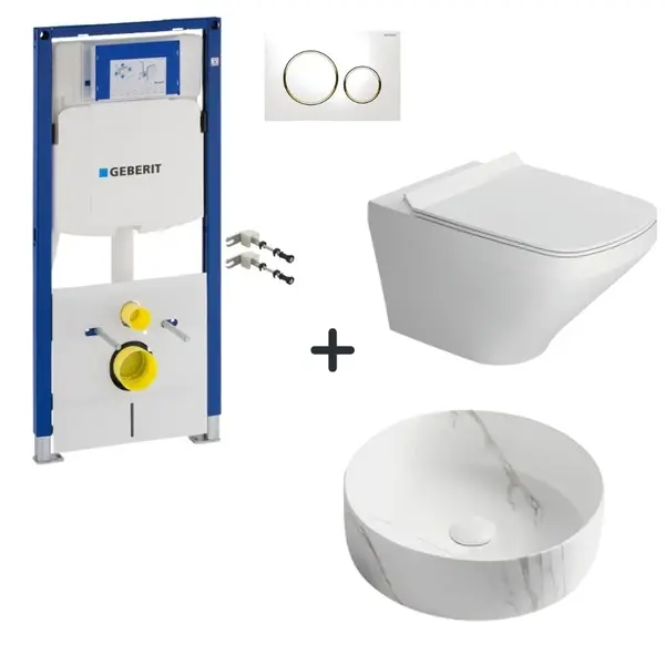 Set vas wc rimless cu capac soft close, lavoar baie efect marmura rotund si rezervor wc cu clapeta alba