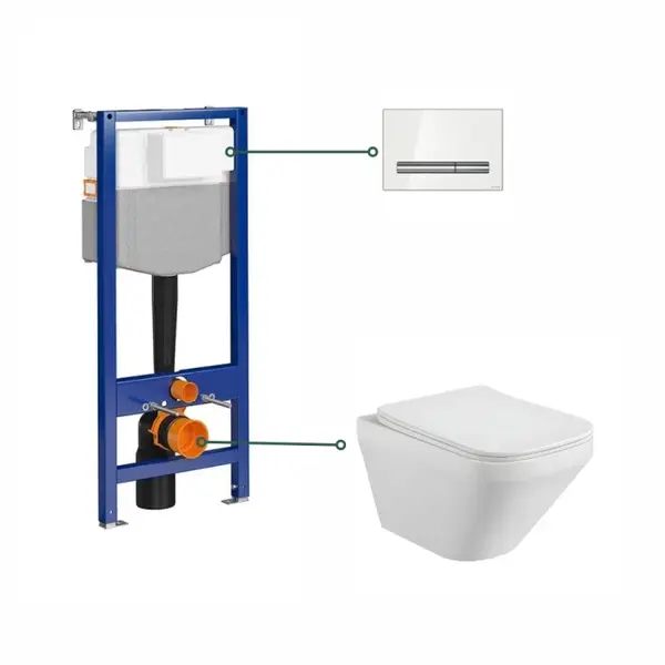 Set vas wc rimless, dreptunghiular, capac slim softclose, Foglia Bristol, rezervor incastrat si calpeta de actionare, alba, Cersanit