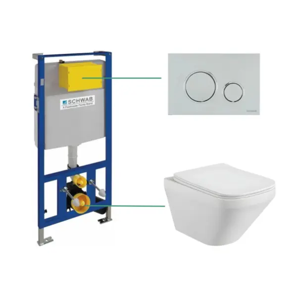 Set vas wc rimless suspendat Foglia Bristol cu rezervor incastrat Schwab si clapeta de actionare crom lucios, Schwab Vela
