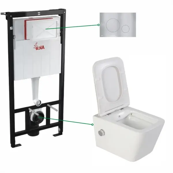 Set vas wc suspendat alb cu functie bideu si baterie crom mat Foglia Safari, rezervor wc incastrat si clapeta aluminiu mat , Alcadrain
