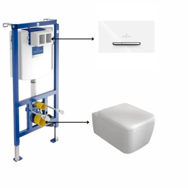 Set vas wc suspendat, capac softclose inclus,Skyla TwistFlush cu rezervor wc incastrat si clapeta de actionare dual-flush, alba cu 2 butoane cromate ViConnect, Villeroy Boch