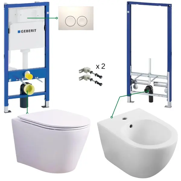 Set vas wc suspendat cu capac si cu bideu, rezervor incastrat plus clapeta, Foglia Oslo