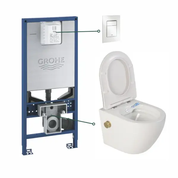 Set vas wc suspendat cu functie bideu alb si baterie inclusa auriu mat Foglia Oslo, rezervor wc incastrat si clapeta alb alpin, Grohe