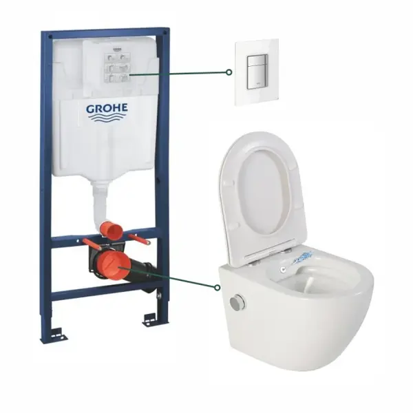 Set vas wc suspendat cu functie bideu alb si baterie inclusa crom Foglia Oslo, rezervor wc incastrat si clapeta din sticla alba, Grohe