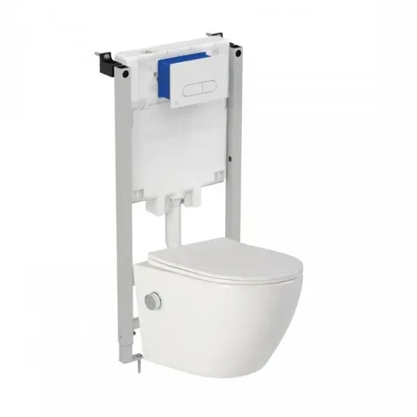 Set vas wc suspendat cu functie bideu, semirotund, rimless, baterie crom Foglia Oslo si rezervor incastrat Prosys cu set de fixare inclus si clapeta Oleas M1 alb lucios, Ideal Standard