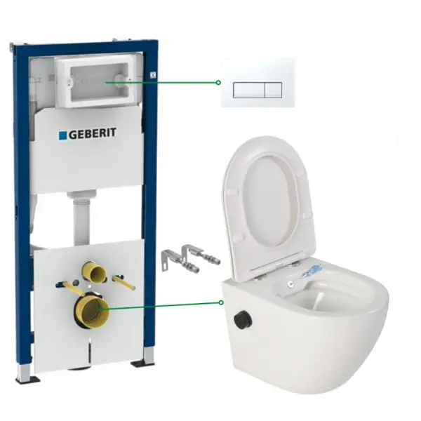 Set vas wc suspendat cu functie bideu si baterie negru mat Foglia Oslo, rezervor wc incastrat si clapeta alb alpin, Geberit Delta 51