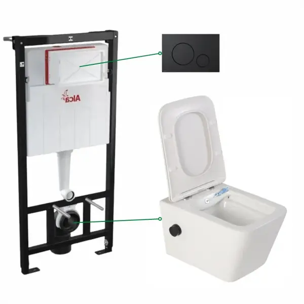 Set vas wc suspendat cu functie bideu si baterie negru mat inclusa Foglia Safari, rezervor incastrat si clapeta negru mat, Alcaplast