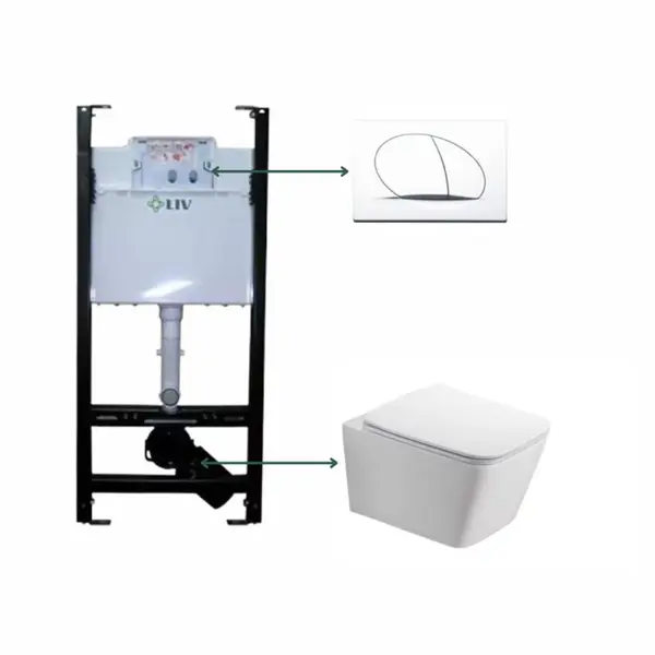 Set vas wc suspendat, dreptunghiular, capac softclose, alb lucios, Foglia Safari, rezervor incastrat Liv Jog si clapeta alb mat Selenite Duo