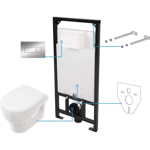 Set vas wc suspendat rimless alb cu rezervor incastrat si clapeta de actionare crom Deante, Avis