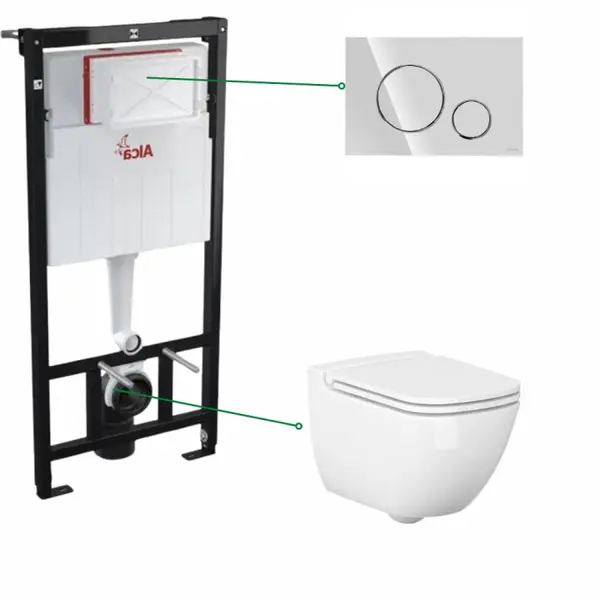 Set vas wc suspendat rimless, Cersanit, Caspia New si rezervor wc incastrat Alcaplast cu clapeta crom lucios, Cersanit Opti B2