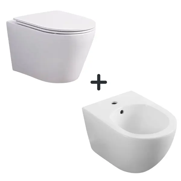 Set vas wc suspendat rimless cu capac inclus si bideu semirotund, alb, Foglia Oslo