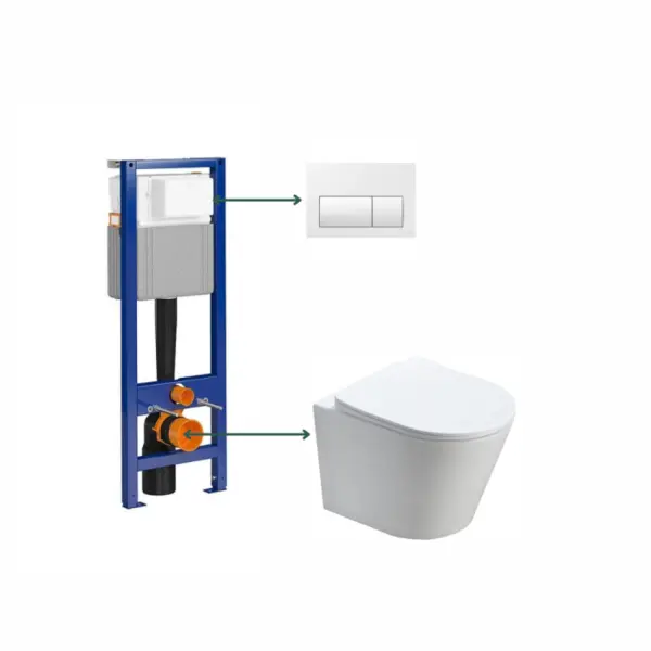 Set vas wc suspendat rimless cu capac quick release si soft close, alb, Fluminia Clementina si rezervor incastrat cu clapeta de actionare alb, Cersanit Presto II