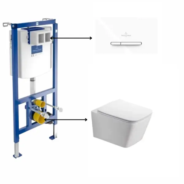 Set vas wc suspendat rimless, dreptunghiular, alb, Foglia Safari cu rezervor incastrat si clapeta de actionare dubla, alba, ViConnect, VilleroyBoch