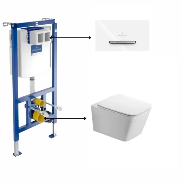 Set vas wc suspendat rimless, dreptunghiular, alb lucios, Foglia Safari cu rezervor incastrat si clapeta de actionare dual-flush, alba cu 2 butoane cromate ViConnect, Villeroy Boch