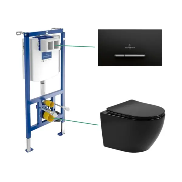 Set vas wc suspendat rimless Leziter Delano cu cadru wc suspendat cu rezervor wc incastrat Villeroy Boch ViConnect si clapeta de actionare dual-flush, negra, Villeroy Boch ViConnect