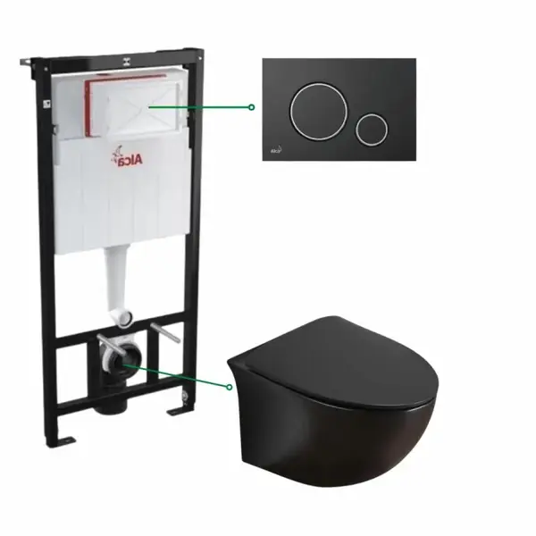 Set vas wc suspendat, rimless negru mat, Foglia Alice si rezervor incastrat cu clapeta de actionare neagra cu detalii argintii Alcadrain