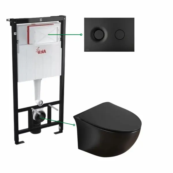 Set vas wc suspendat, rimless negru mat, Foglia Alice si rezervor incastrat cu clapeta de actionare negru mat, Alcadrain