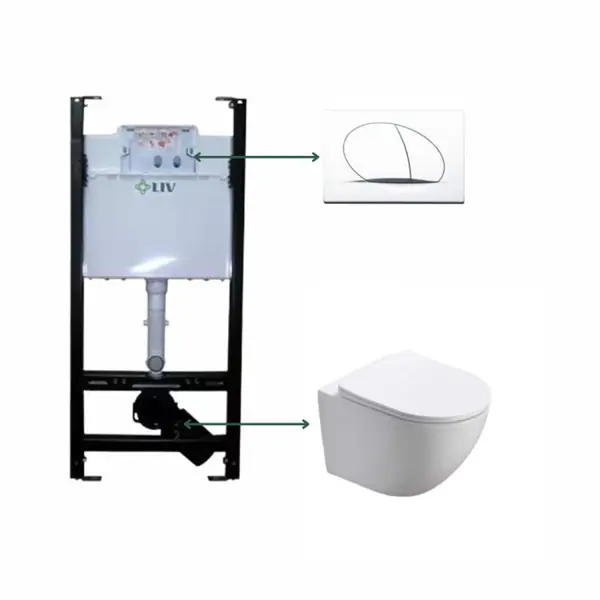 Set vas wc vortex suspendat, rotund, Foglia Oslo, rezervor incastrat Liv Jog si clapeta alb mat, Selenite Duo
