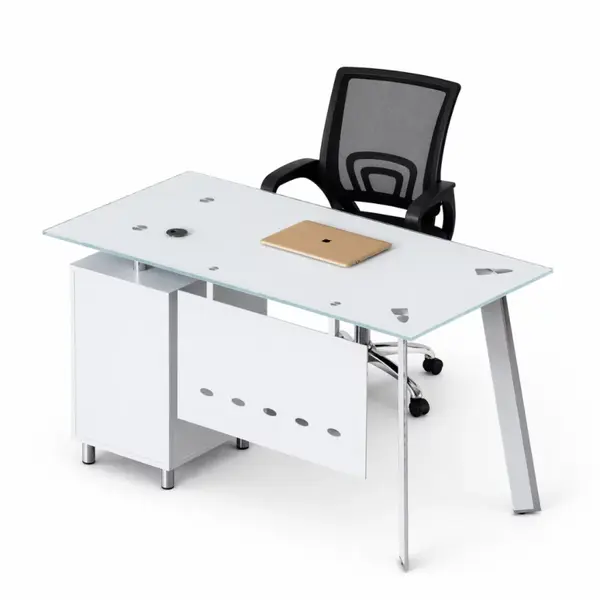 Set Venus & FlexiPro - Birou cu blat de sticla,dulap lateral fix si Scaun de birou ergonomic cu spatar mesh